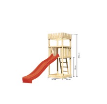 Spielturm mit Rutsche und den Maßen 259,5 cm Höhe, 107 cm Breite und 125 cm Aufstiegshöhe.