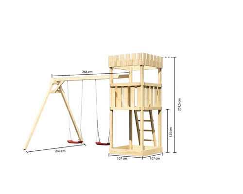 Holzspielturm mit Schaukel und Maßen