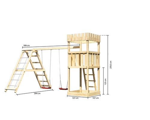 Spielturm mit Schaukel und Kletterleiter aus Holz mit Maßangaben
