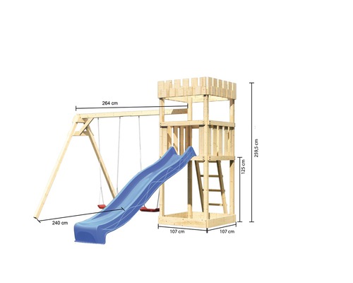 Spielturm mit Schaukel und Rutsche aus Holz mit Maßangaben