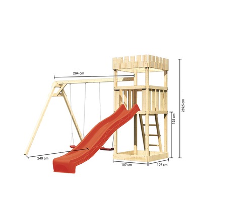 Spielturm mit Schaukel und Rutsche aus Holz mit Maßangaben