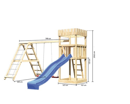 Spielturm aus Holz mit Rutsche und Schaukel mit Maßangaben