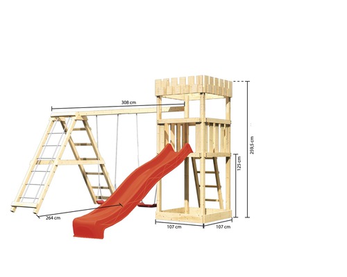 Spielturm mit Schaukel, Rutsche und Kletterleiter aus Holz mit Maßangaben