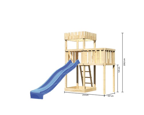Spielturm aus Holz mit Rutsche und Leiter, inklusive Maßangaben