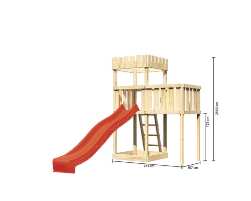 Spielturm mit Rutsche aus Holz mit Maßangaben