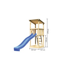 Spielturm aus Holz mit Rutsche und den Maßen 270 cm Höhe und 107 cm Breite