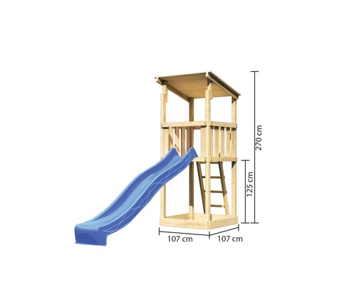 Spielturm aus Holz mit Rutsche und den Maßen 270 cm Höhe und 107 cm Breite