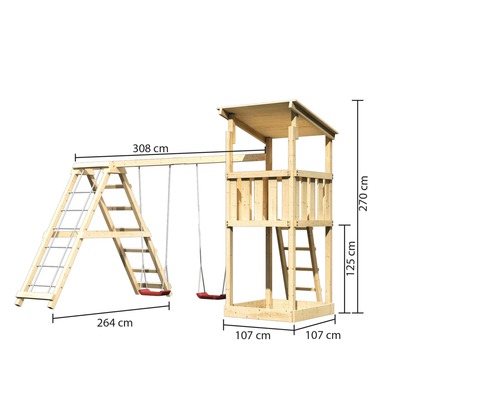 Holzspielturm mit Schaukel und Leiter mit den Maßen 308 cm mal 264 cm mal 270 cm