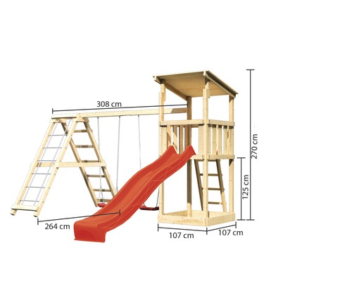 Spielturm aus Holz mit Schaukel, Kletterwand und Rutsche mit Maßangaben