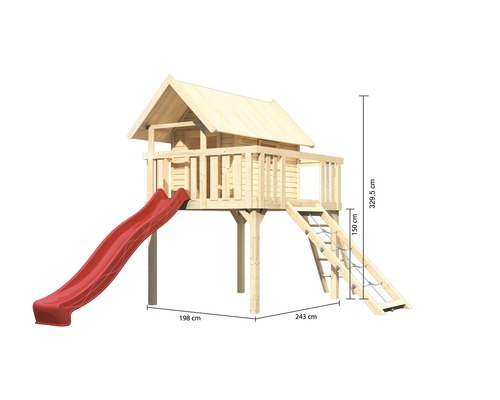 Holzspielhaus mit Rutsche und Kletterleiter mit Maßangaben