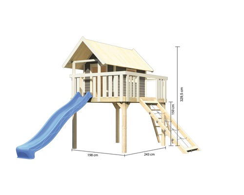 Spielhaus mit Rutsche und Kletterleiter mit den Maßen 198 cm mal 243 cm und einer Höhe von 329,5 cm