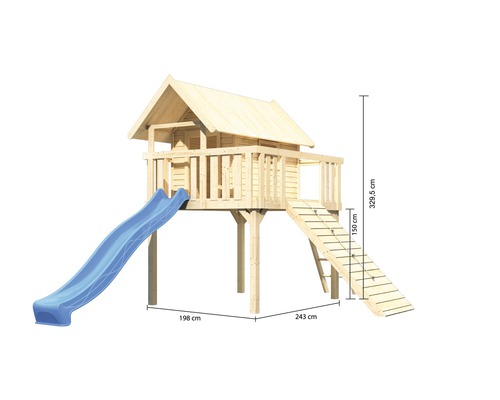 Spielhaus aus Holz mit Rutsche und Maßen
