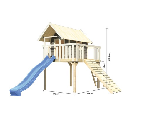 Spielhaus aus Holz mit Rutsche und Treppe mit den Massen 198 cm x 243 cm x 329,5 cm