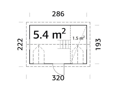 Grundrisszeichnung eines Gartenhauses mit Maßangaben