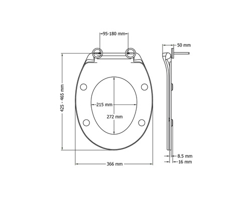 Technische Zeichnung eines WC-Sitzes mit Maßangaben