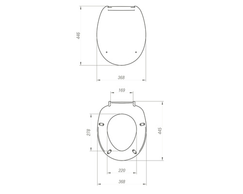 Technische Zeichnung eines Toilettensitzes mit Maßen
