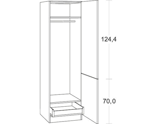 Zeichnung eines offenen Kleiderschranks mit Regal, Schublade und Kleiderstange