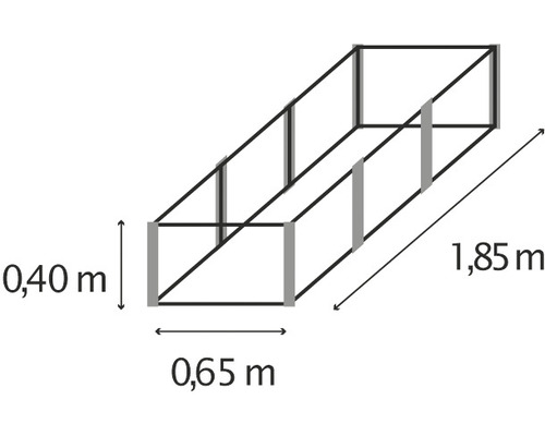 Illustration eines Hochbeets mit den Maßen 0,40 Meter Höhe, 0,65 Meter Breite und 1,85 Meter Länge