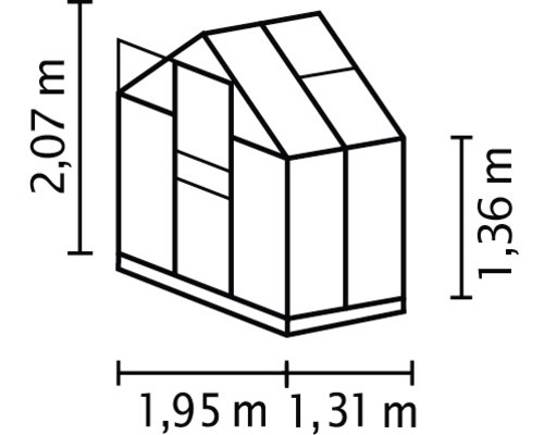 Dimensionsskizze eines Gewächshauses mit Höhen- und Breitenangaben in Metern