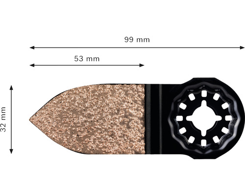 Oszillierendes Sägeblatt mit den Maßen 99 mm Länge, 53 mm Breite und 32 mm Höhe.