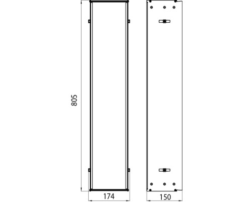Technische Zeichnung eines Spiegelschranks mit Maßangaben