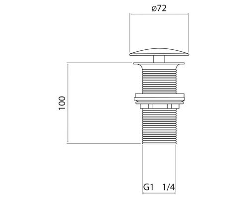 Technische Zeichnung eines Waschbeckenstöpsels mit den Maßen 72 mm Durchmesser und 100 mm Höhe sowie G1 1/4 Zoll Gewinde