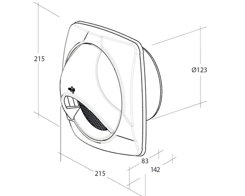 Technische Zeichnung eines Wandlüfters mit Maßangaben