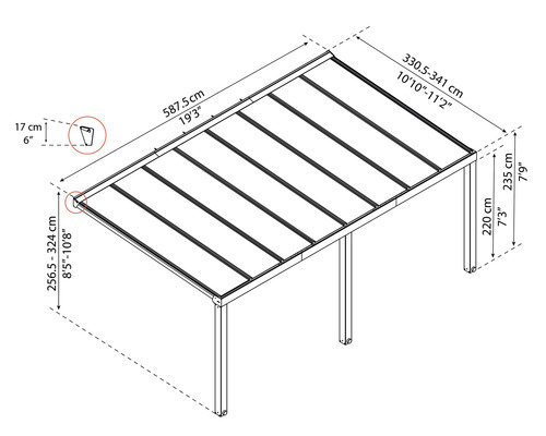 Technische Zeichnung eines Pavillons mit Maßangaben