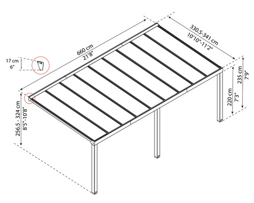 Abmessungen einer Terrassenüberdachung mit einer Länge von 660 cm, einer Breite von 330,5 bis 341 cm und einer Höhe von 220 cm bis 235 cm