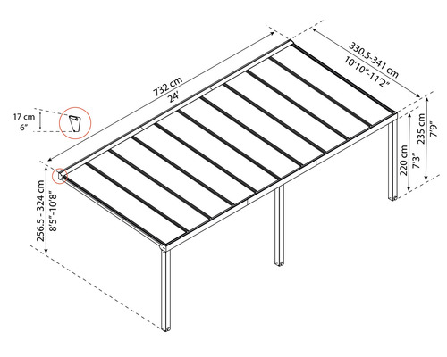 Abbildung einer Terrassenüberdachung mit Maßangaben