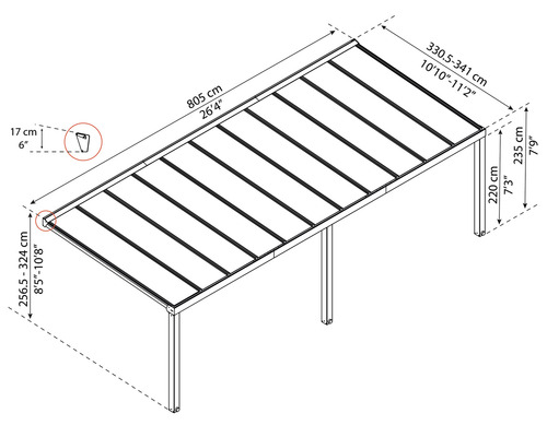 Technische Zeichnung einer Terrassenüberdachung mit Maßangaben