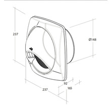 Technische Zeichnung eines Wandventilators mit Maßangaben