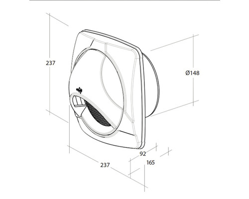 Technische Zeichnung eines Wandventilators mit Maßangaben