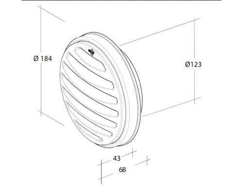 Technische Zeichnung eines runden Lüftungsgitters mit den Maßen 184 mm Durchmesser, 123 mm Innendurchmesser, 43 mm Tiefe und 68 mm Gesamttiefe.