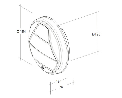 Technische Zeichnung einer runden Dunstabzugshaube mit Maßangaben