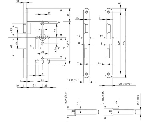 Technische Zeichnung eines Türschlosses mit Maßen