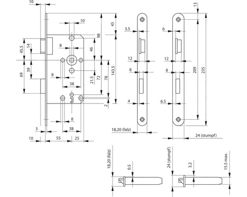 Technische Zeichnung eines Türschlosses mit Maßangaben