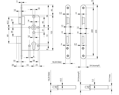 Technische Zeichnung eines Einsteckschlosses mit Maßangaben