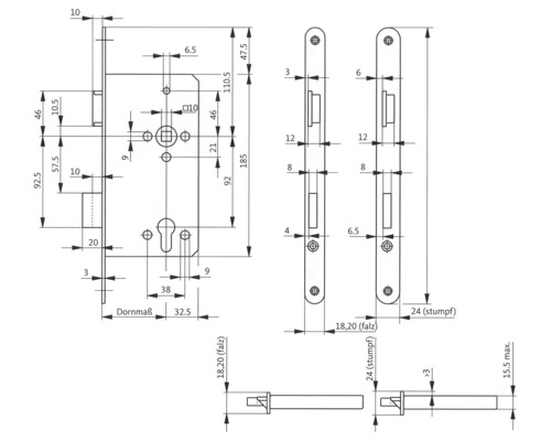 Technische Zeichnung eines Türschlosses mit Maßangaben