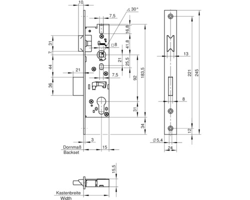Technische Zeichnung eines Einsteckschlosses mit Maßangaben