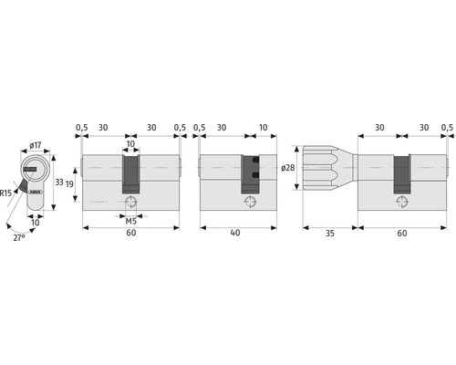 Technische Zeichnung eines ABUS Türzylinders mit Maßangaben