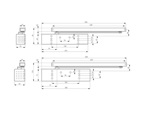 Technische Zeichnung einer Duschkopf-Armatur mit Maßen