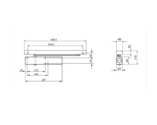 Technische Zeichnung eines Türschließers mit Maßangaben.