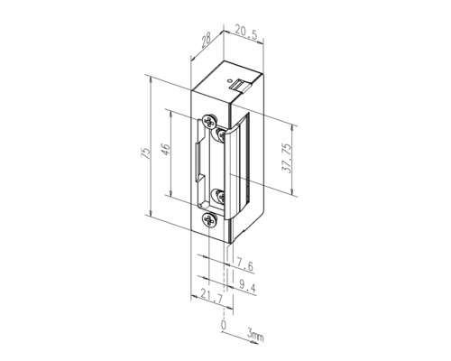 Technische Zeichnung eines Türöffners mit Maßangaben