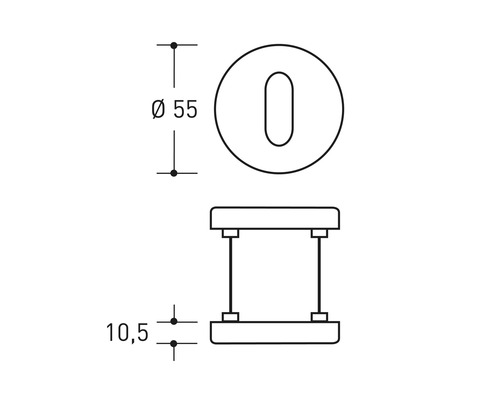 Technische Zeichnung eines Türbeschlags mit den Maßen Durchmesser 55 mm und 10,5 mm