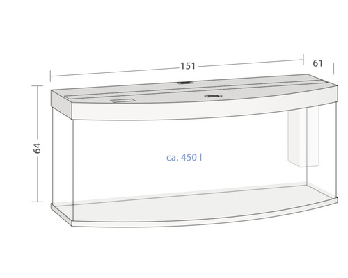 Skizze eines circa 450 Liter Aquariums mit Maßangaben