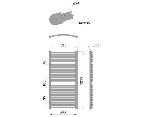 Technische Zeichnung eines Badheizkörpers mit Maßangaben