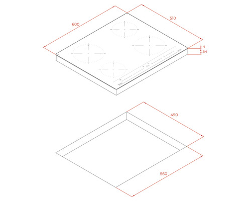 Maßzeichnung eines Kochfelds mit vier Kochzonen