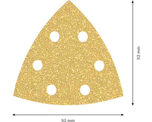 Dreieckiges Schleifpapier mit sechs Löchern und einer Größe von 93 Millimetern