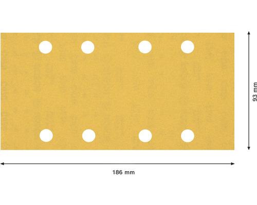 Schleifpapier mit acht Löchern und den Maßen 186 mm mal 93 mm.